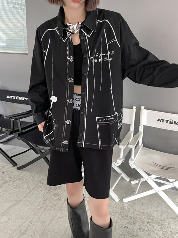 xakxx Casual Contrast Color Printed Drawstring Blouse Top