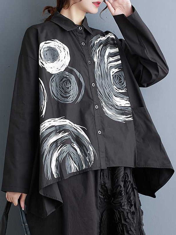 xakxx Long Sleeves Loose Asymmetric Printed Split-Joint Lapel Blouses