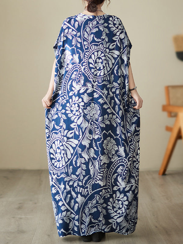 xakxx Loose Short Sleeves Printed V-Neck Maxi Dresses