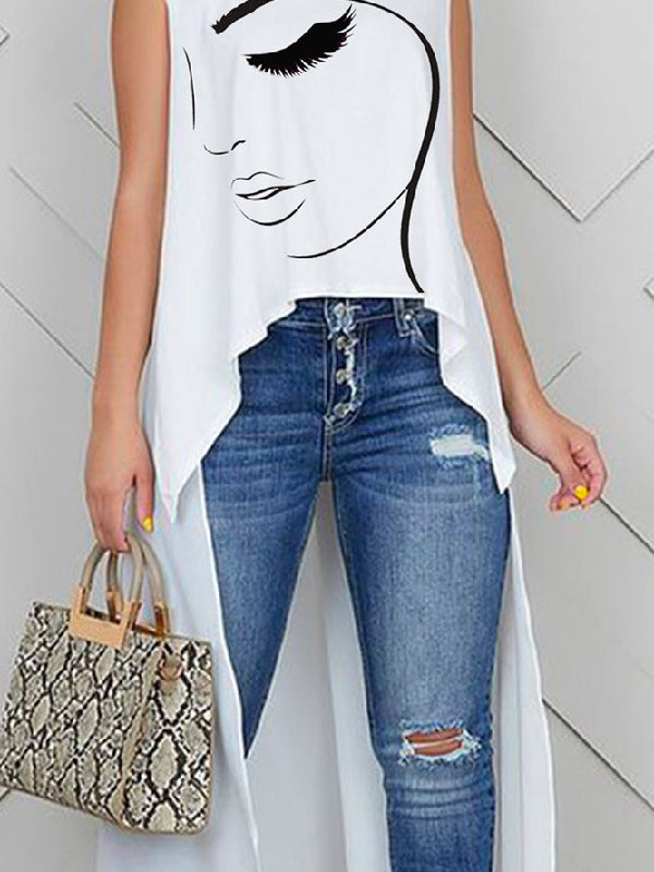 xakxx High-Low Sleeveless Figure Printed Round-Neck Vest Top