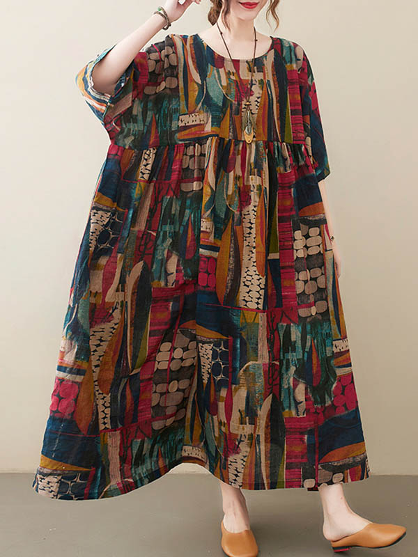 xakxx Vintage Loose Abstract Printed Pleated Round-Neck Half Sleeves Midi Dress