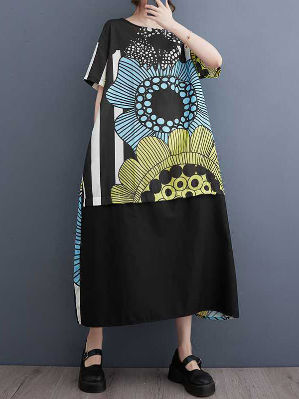 xakxx A-Line Loose Flower Print Pockets Split-Joint Round-Neck Midi Dresses