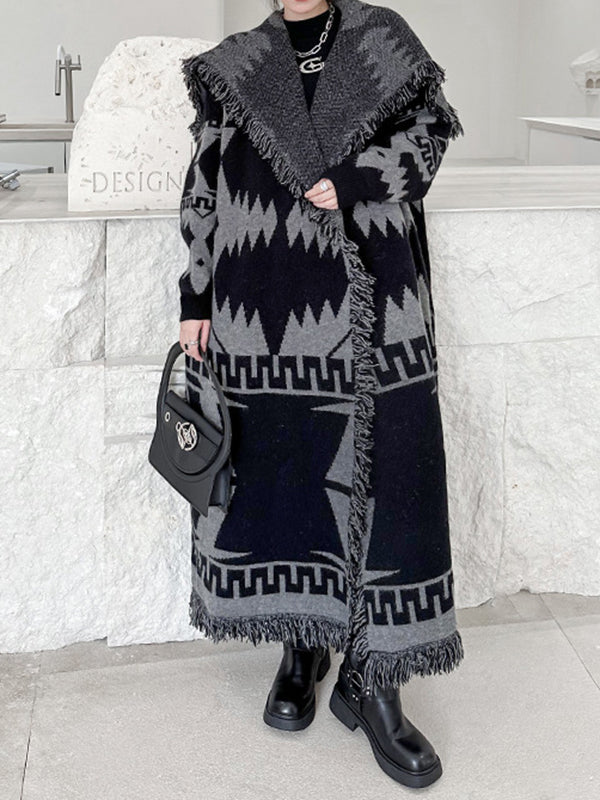 xakxx Long Sleeves Loose Contrast Color Tasseled Lapel Cardigan Coats