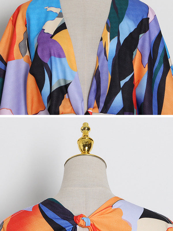 xakxx Original Puff Sleeves Loose Contrast Color Printed Deep V-Neck Maxi Dresses