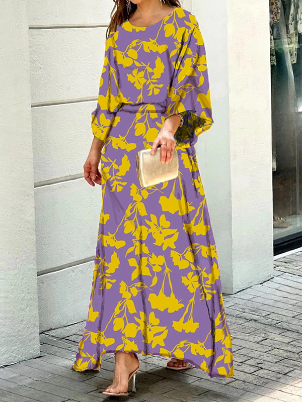 xakxx Loose Contrast Color Floral Printed T-Shirt Top&Skirt 2 Pieces Set