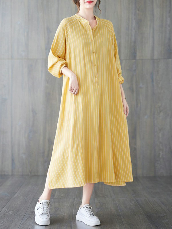 xakxx Long Sleeves Loose Buttoned Split-Side Striped Round-Neck Midi Dresses Shirt Dress