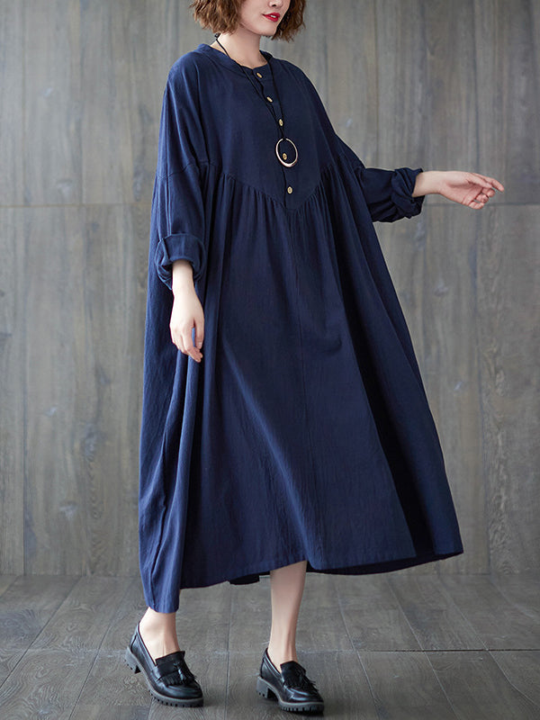 xakxx Loose Puff Sleeves Pleated Solid Color Stand Collar Midi Dresses