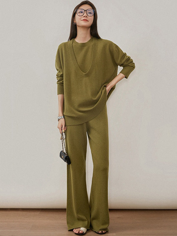 xakxx xakxx-Urban Loose Solid Round-Neck Vest Top& V-Neck Sweater Tops& Wide Leg Pants Three-Piece Set