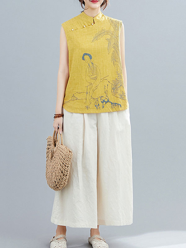 xakxx Artistic Retro Chinese-Style Printed Buttoned Stand Collar Sleeveless Vest