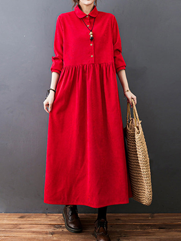 xakxx Vintage Split-Joint Solid Color Long Sleeves Lapel A-Line Corduroy Midi Dress