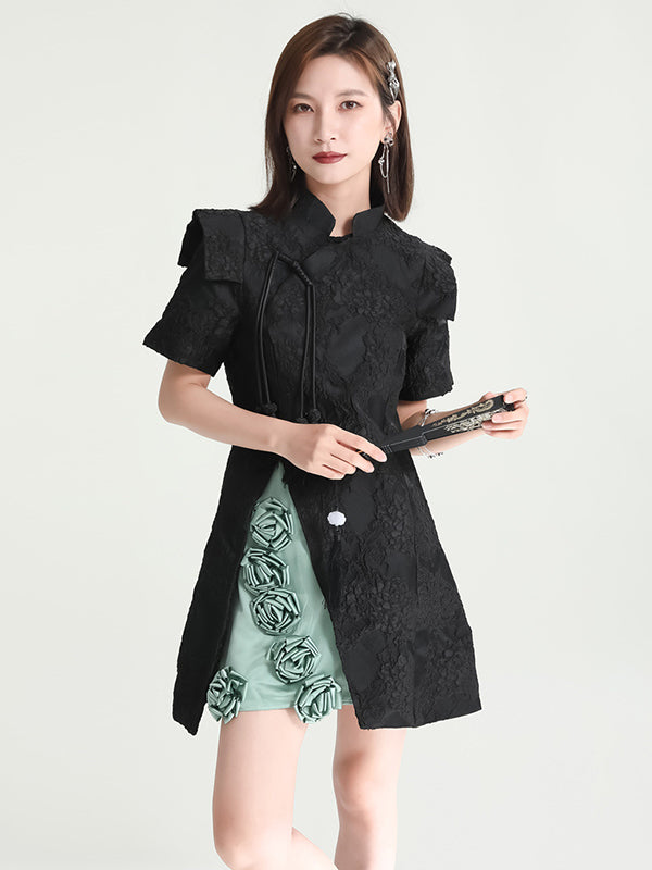 xakxx Vintage Contrast Color Applique Embroidered Short Cheongsams Mini Dress