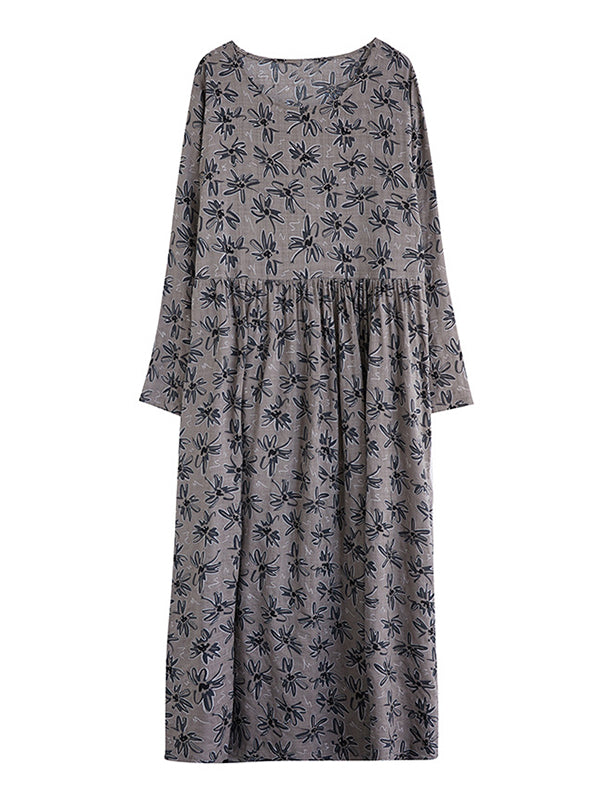 xakxx Artistic Retro Long Sleeves Loose Floral Printed Round-Neck Midi Dresses