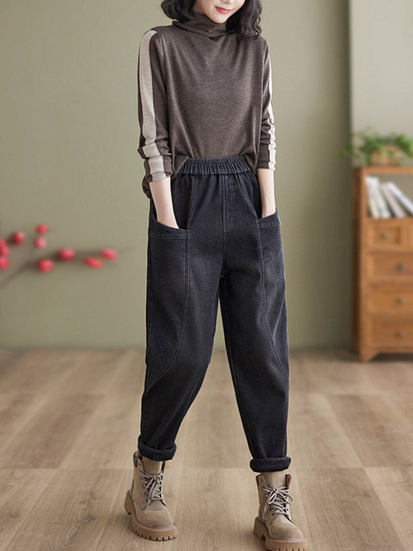 xakxx Casual Loose Velvet Solid Color With Pockets Harem Jean Pants Bottoms