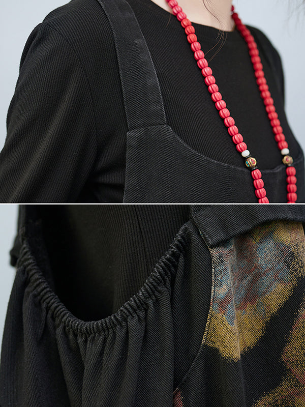 xakxx Artistic Retro Vintage Loose Floral Printed Square-Neck Sleeveless Overalls
