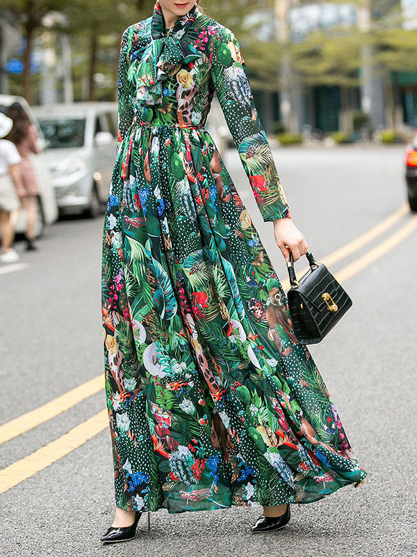 xakxx High Waisted Long Sleeves Bowknot Elasticity Flower Print Zipper Round-Neck Maxi Dresses