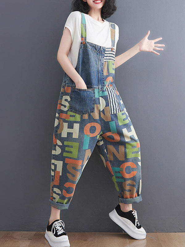 xakxx High Waisted Loose Asymmetric Buttoned Letter Print Pockets Split-Joint Striped Overalls