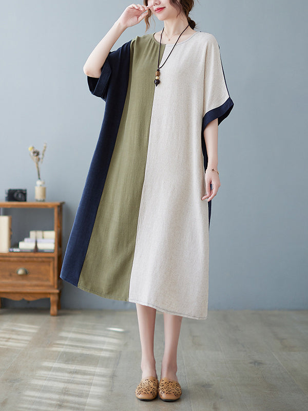 xakxx Half Sleeves Loose Contrast Color Round-Neck Midi Dresses