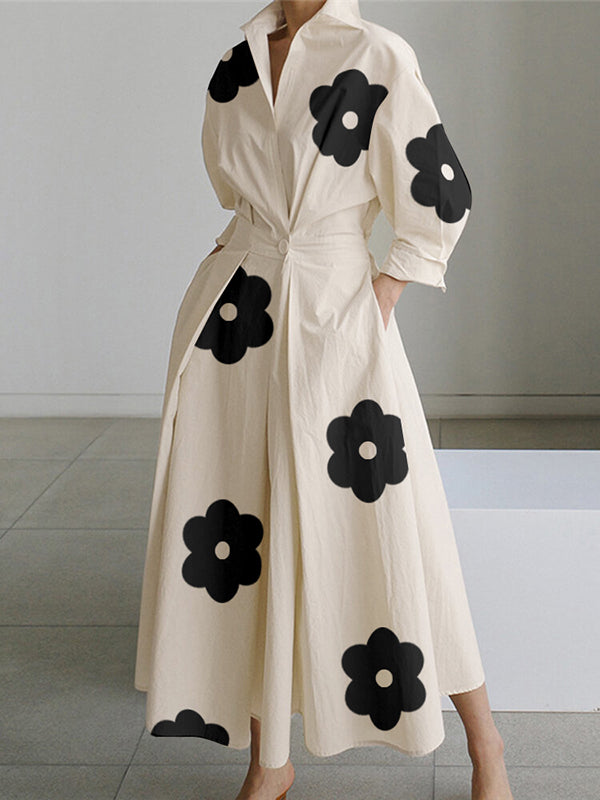 xakxx Long Sleeves Loose Contrast Color Floral Printed Pleated Tied Waist Lapel Shirt Dress