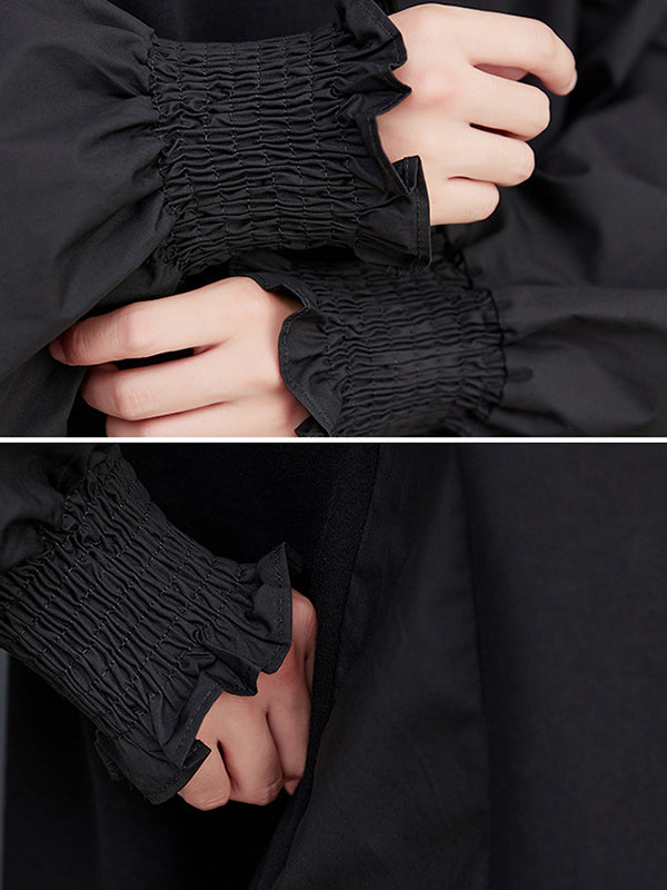 xakxx Loose Puff Sleeves Pleated Solid Color Split-Joint Round-neck Midi Dresses
