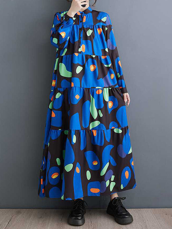 xakxx A-Line Long Sleeves Buttoned Pleated Printed Split-Joint Round-Neck Midi Dresses