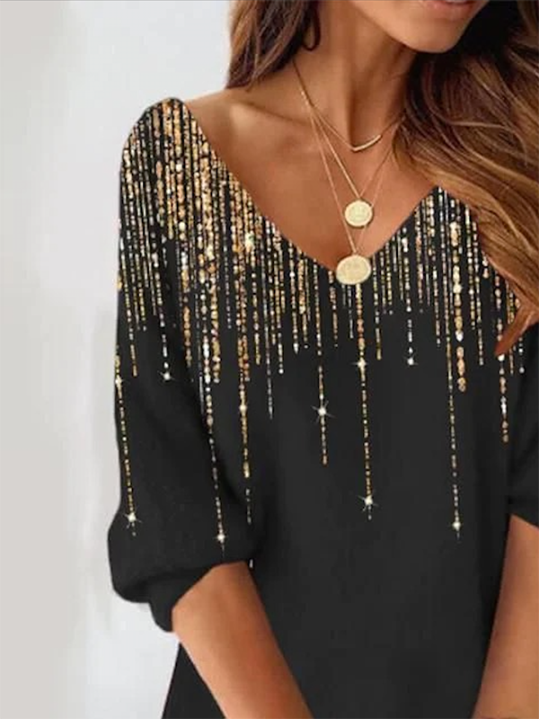 xakxx Half Sleeves Loose Printed Shiny V-Neck Mini Dresses