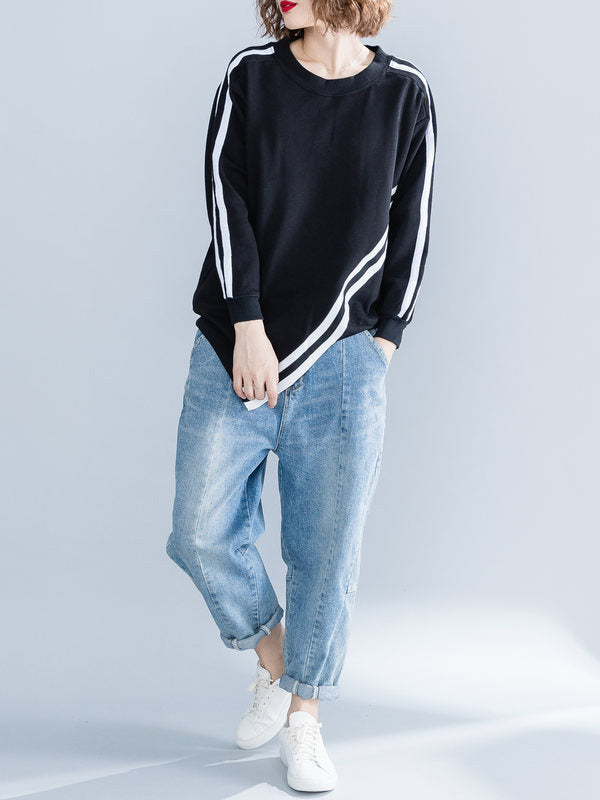xakxx Cropped Long Sleeves Striped Round-Neck Hoodies&Sweatshirt