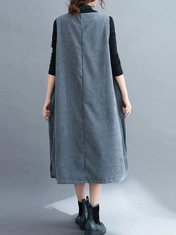 xakxx Corduroy Sleeveless Split-Joint Round-Neck Midi Dress