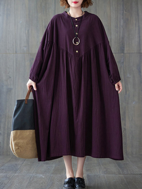 xakxx Loose Puff Sleeves Pleated Solid Color Stand Collar Midi Dresses