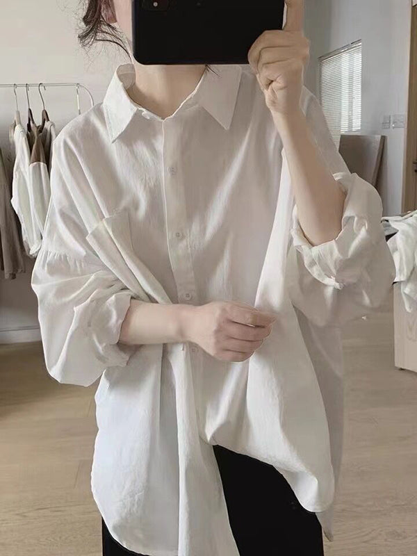 xakxx Casual Long Sleeves Loose Buttoned Solid Color Lapel Collar Blouses&Shirts Tops