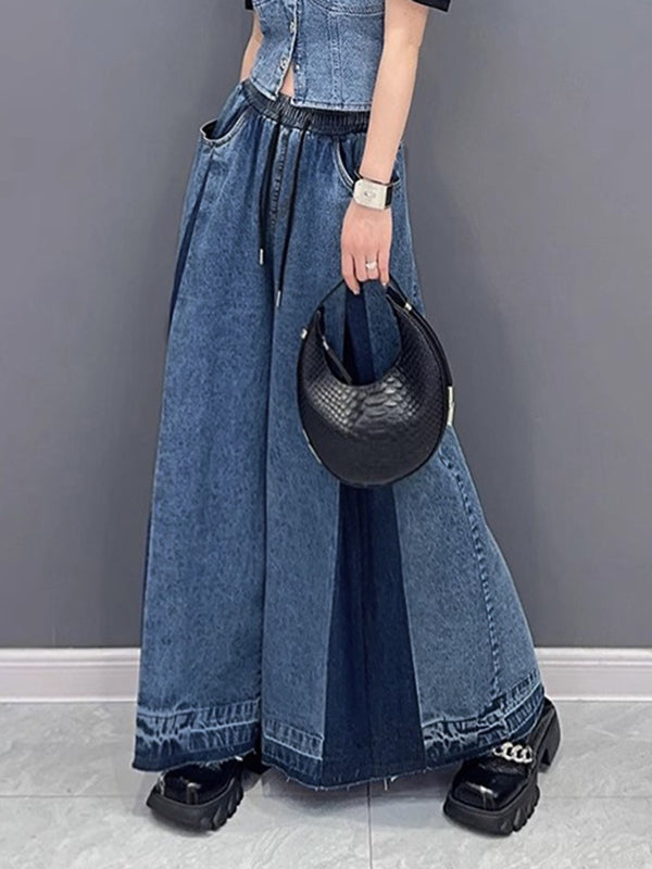 xakxx Loose Wide Leg Contrast Color Drawstring Fringed Pockets Jean Pants Bottoms