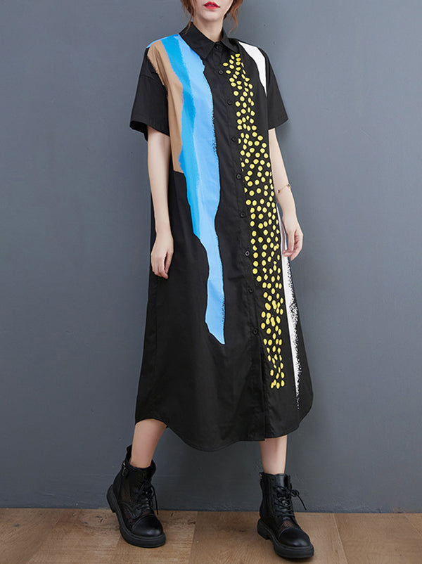 xakxx Artistic Retro Short Sleeves Loose Contrast Color Polka-Dot Lapel Collar Midi Shirt Dress