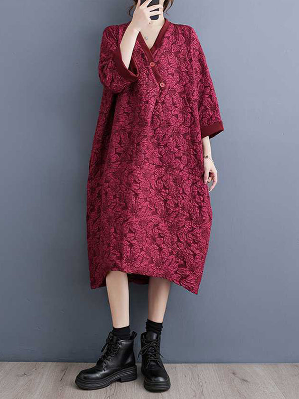 xakxx A-Line Half Sleeves Asymmetric Buttoned Jacquard V-Neck Midi Dresses