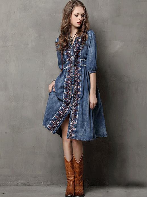 xakxx Vintage Oversize Embroidery Denim Dress