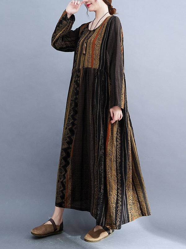 xakxx Vacation Loose Long Sleeves Contrast Color Printed Round-Neck Midi Dresses