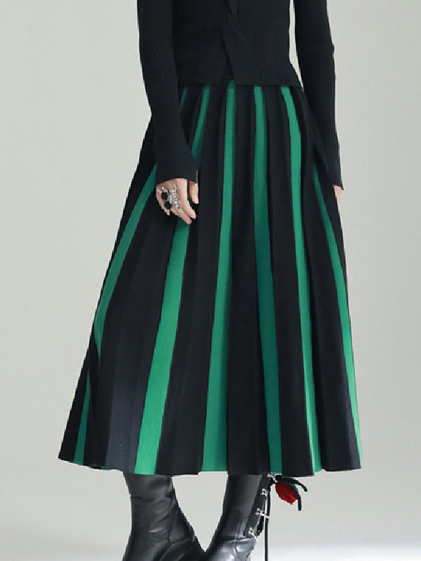 xakxx A-Line Loose Contrast Color Pleated Skirts Bottoms