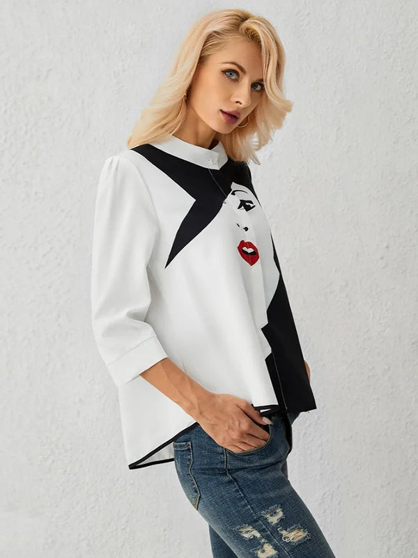 xakxx Casual Three-Quarter Sleeves Figure Buttoned Printed Stand Collar Blouses&Shirts Tops