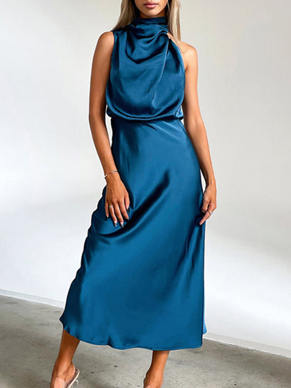 xakxx High Waisted Sleeveless Solid Color Halter-Neck Midi Dresses