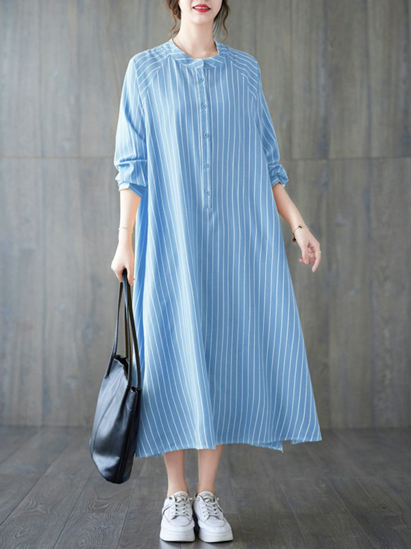 xakxx Long Sleeves Loose Buttoned Split-Side Striped Round-Neck Midi Dresses Shirt Dress