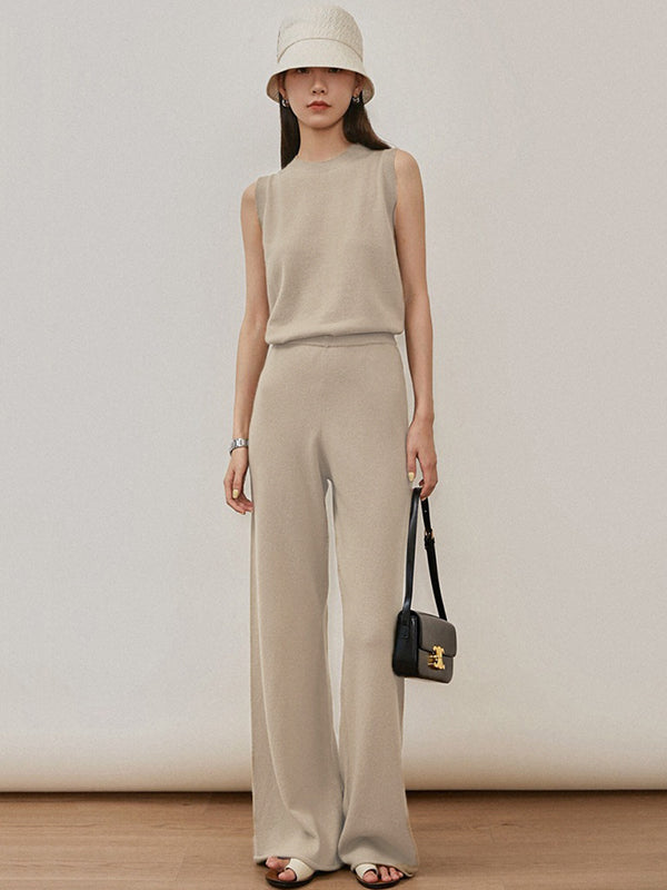 xakxx xakxx-Urban Loose Solid Round-Neck Vest Top& V-Neck Sweater Tops& Wide Leg Pants Three-Piece Set