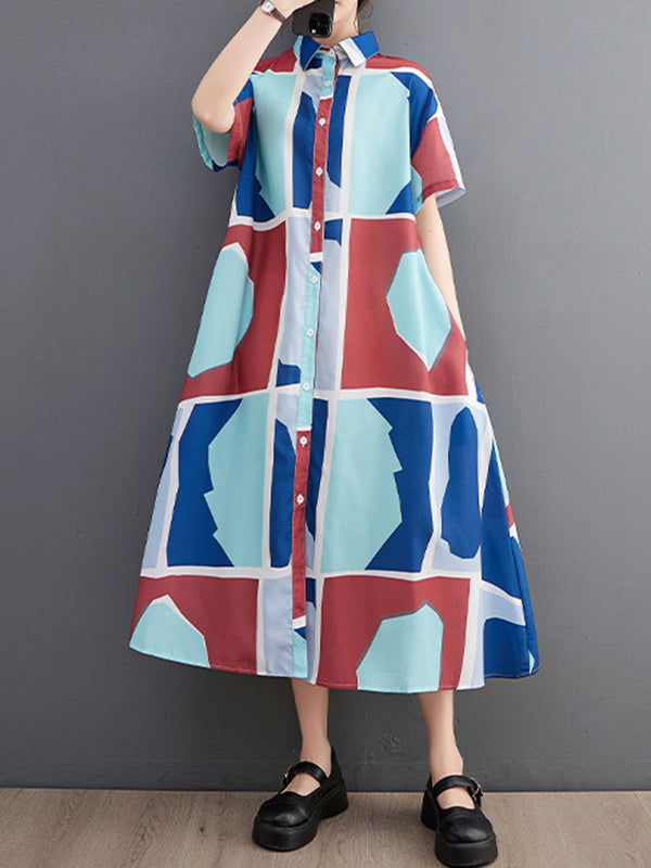 xakxx Loose Short Sleeves Cartoon Printed Multi-Colored Lapel Midi Dresses Shirt Dress