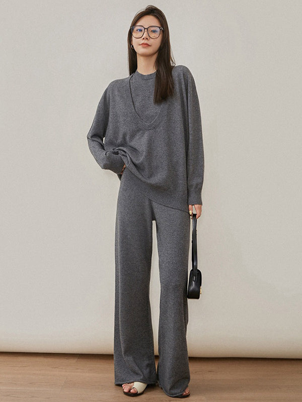 xakxx xakxx-Urban Loose Solid Round-Neck Vest Top& V-Neck Sweater Tops& Wide Leg Pants Three-Piece Set