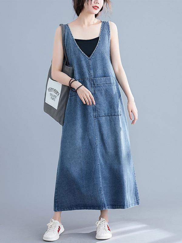 xakxx Loose Sleeveless Denim V-Neck Midi Dress