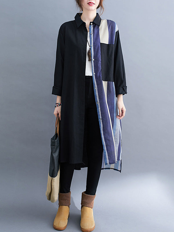 xakxx Original Buttoned Contrast Color Split-Joint Long Sleeves Lapel Blouse