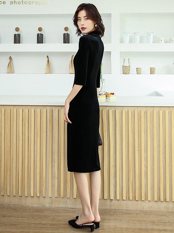 xakxx Solid Color Velvet Banquet Split-Side Long Cheongsams