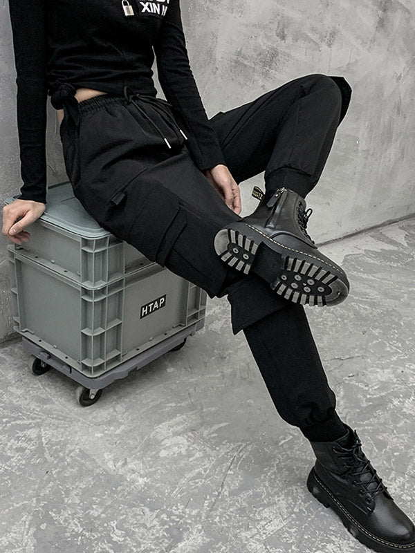 xakxx Stylish Drawstring Punk Empire Black Casual Overalls Pants
