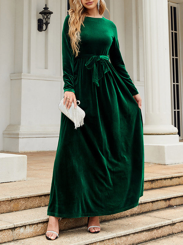 xakxx Long Sleeves Wrap Belted Pleated Solid Color Zipper Round-Neck Maxi Dresses