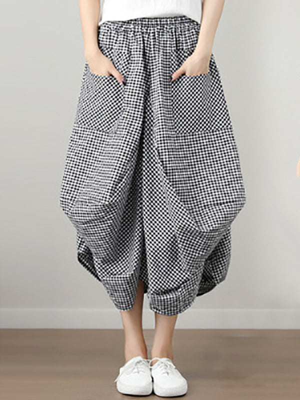 xakxx Artistic Retro Ramie Cotton Plaid Loose Irregular Elasticity Skirt