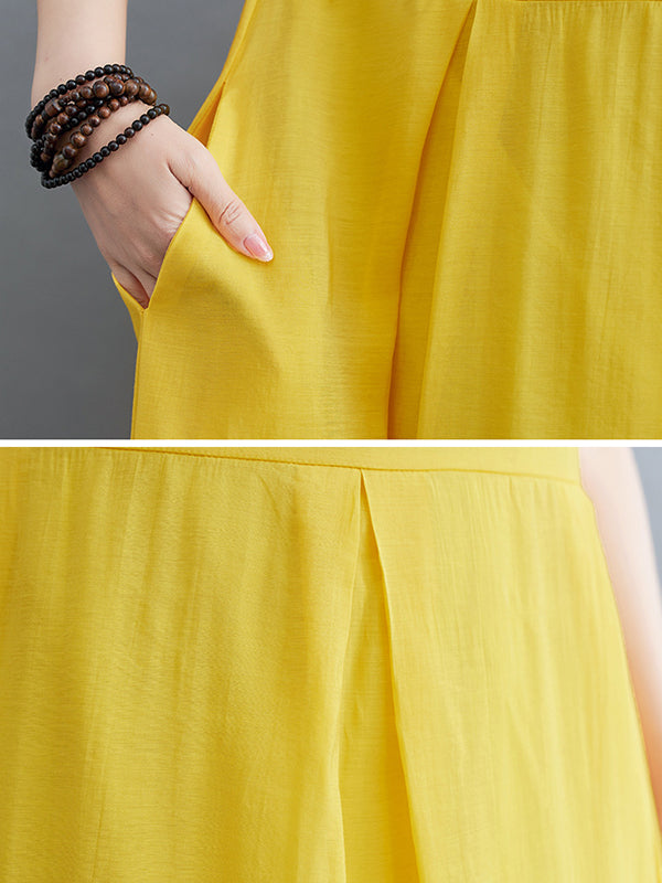 xakxx Loose Short Sleeves Solid Color Split-Joint Round-Neck Midi Dresses