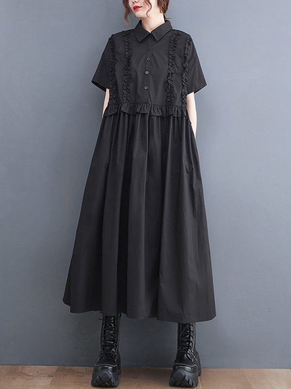 xakxx Simple Short Sleeves Loose Buttoned Falbala Split-Joint Solid Color Midi Shirt Dress