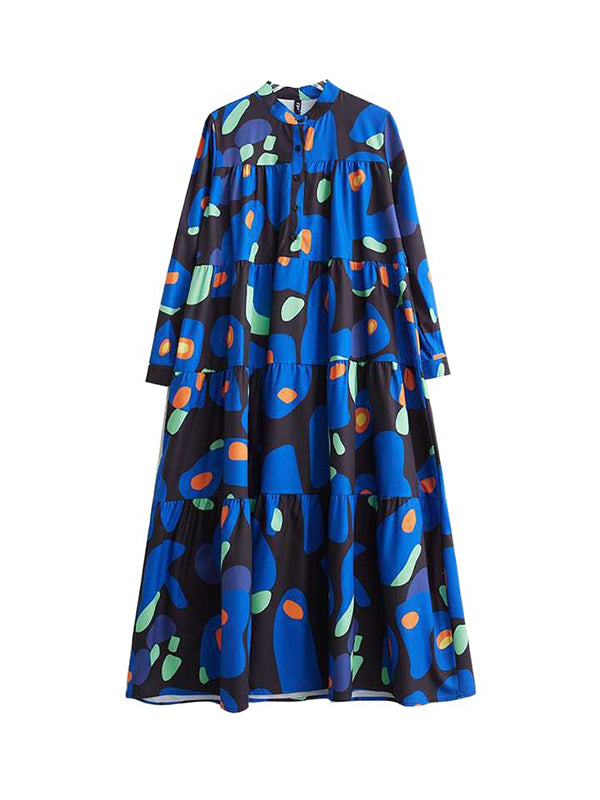 xakxx A-Line Long Sleeves Buttoned Pleated Printed Split-Joint Round-Neck Midi Dresses